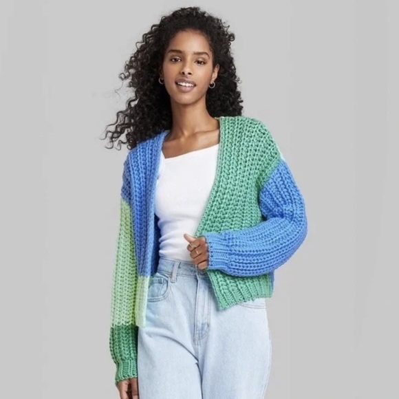 Wild Fable pastel green and blue knitted color block cardigan SIZE SMALL - Picture 2 of 6